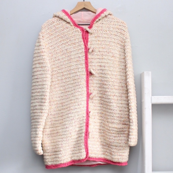 Handmade Jackets & Blazers - Handmade Crochet Knit Wool Cream & Pink Toggle Hooded Jacket Sweater Size Small